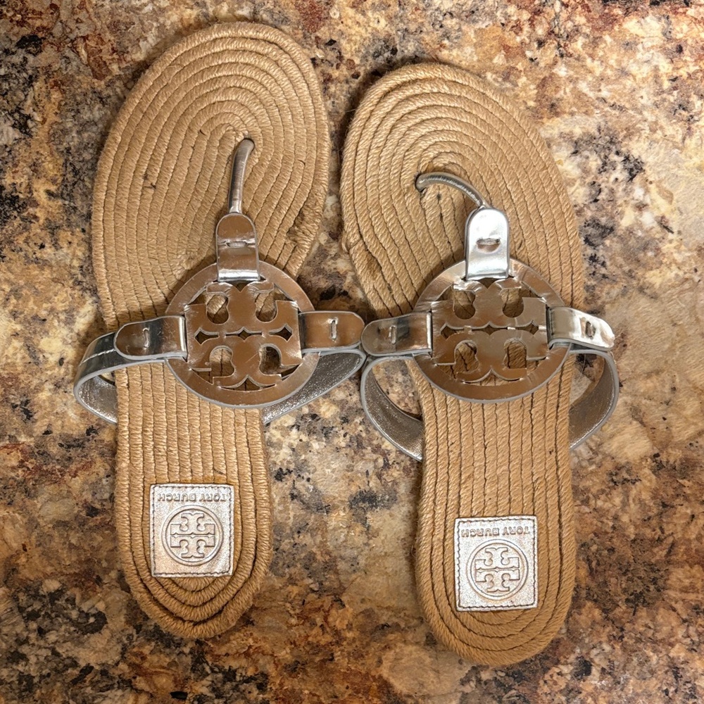 Tory Burch Metallic Silver and Tan Sandals